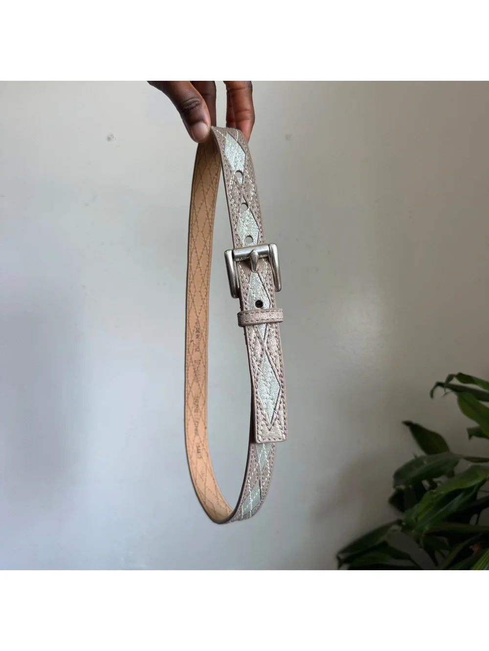 2000s Michael Kors Genuine Leather Metallic Silver Quilted Skinny Belt - S
